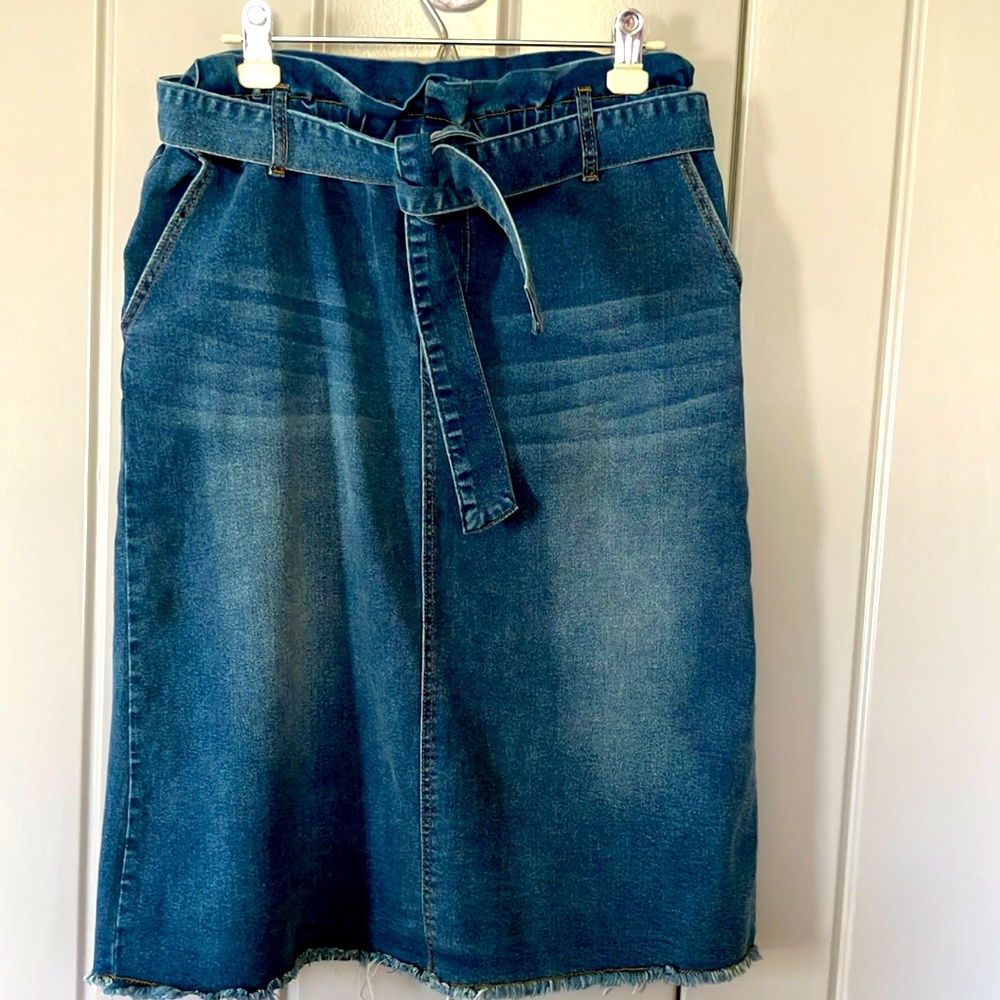 Hayden Blue Denim Midi Skirt with Self-Tie Belt